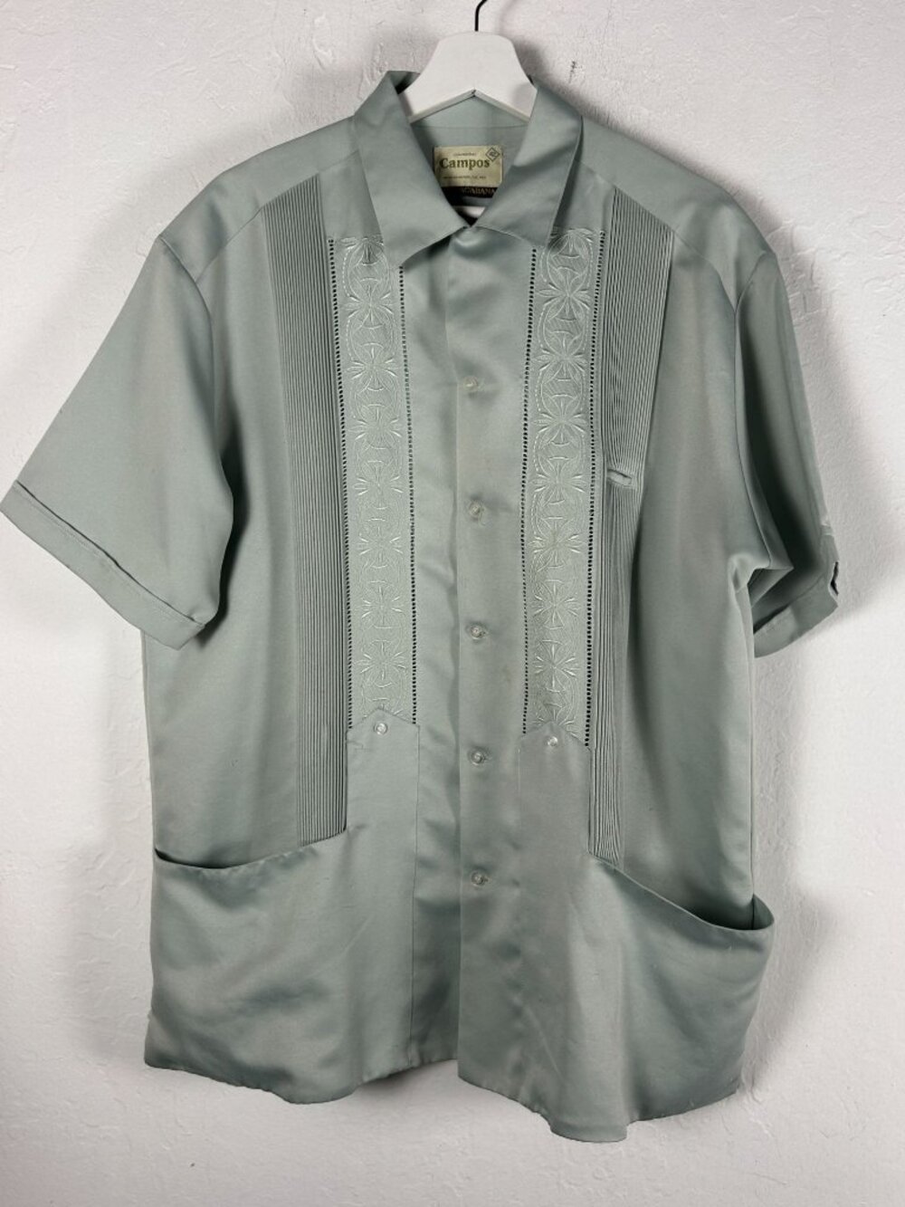 Campos Mens Size 42 Light Green Embroidered Guayabera Shirt Copacabana Casual